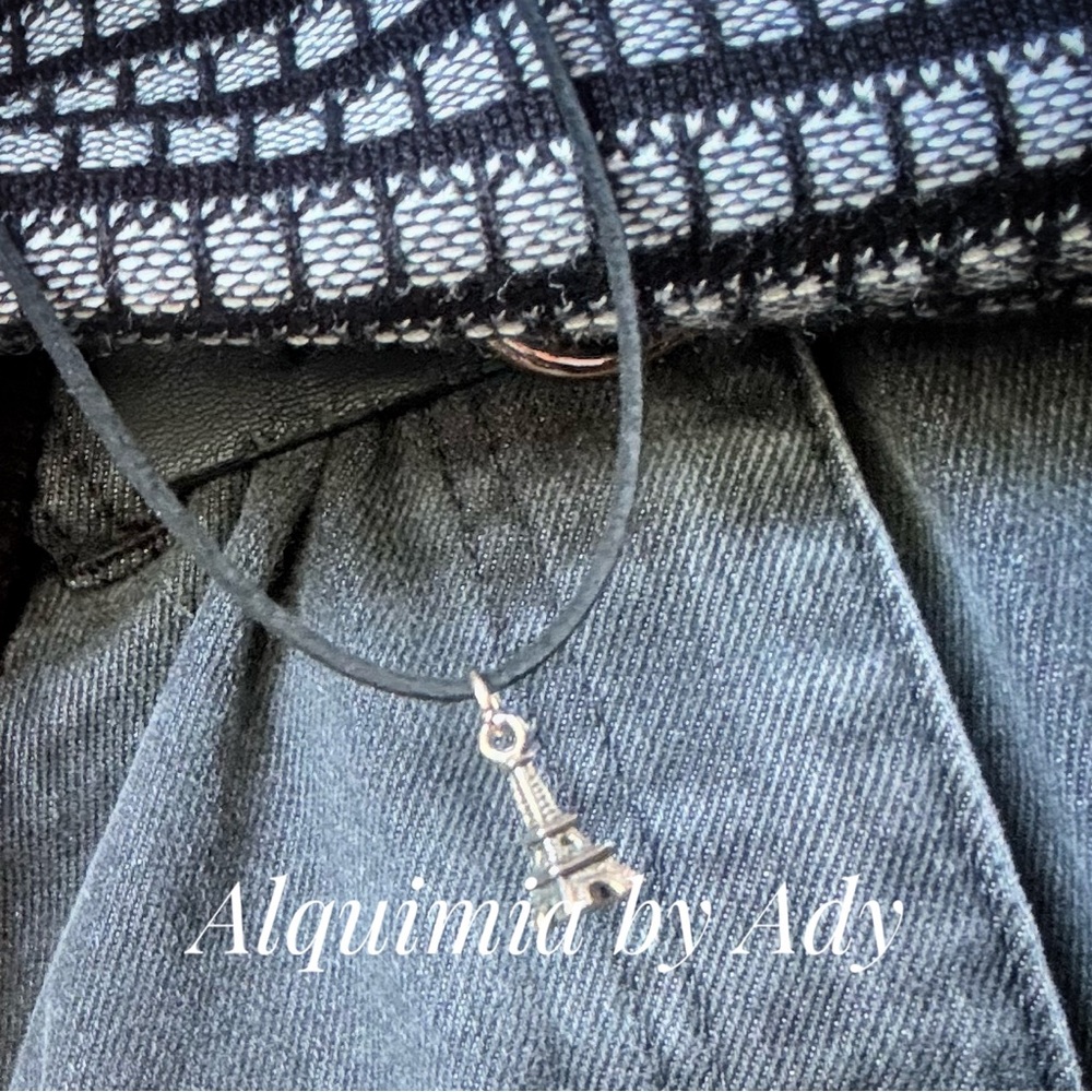 Black Suede Necklace — Tiny Silver Eiffel Towe